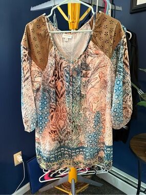Avenue Multicolor Boho Printed Peasant Blouse with Brown Yoke